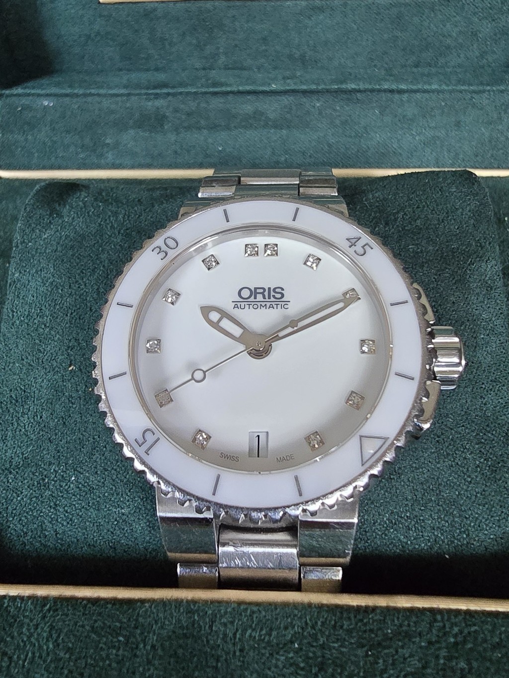 Oris White Dial Stainless Steel Automatic Watch With Diamond Markers